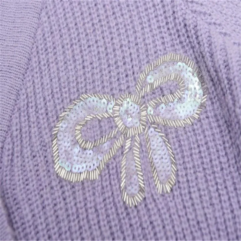 

2020 Spring Autumn V-neck Long Sleeve Purple Knitted Sweater Cardigan Women's Fashion Sequined Bow Sweet Short Top