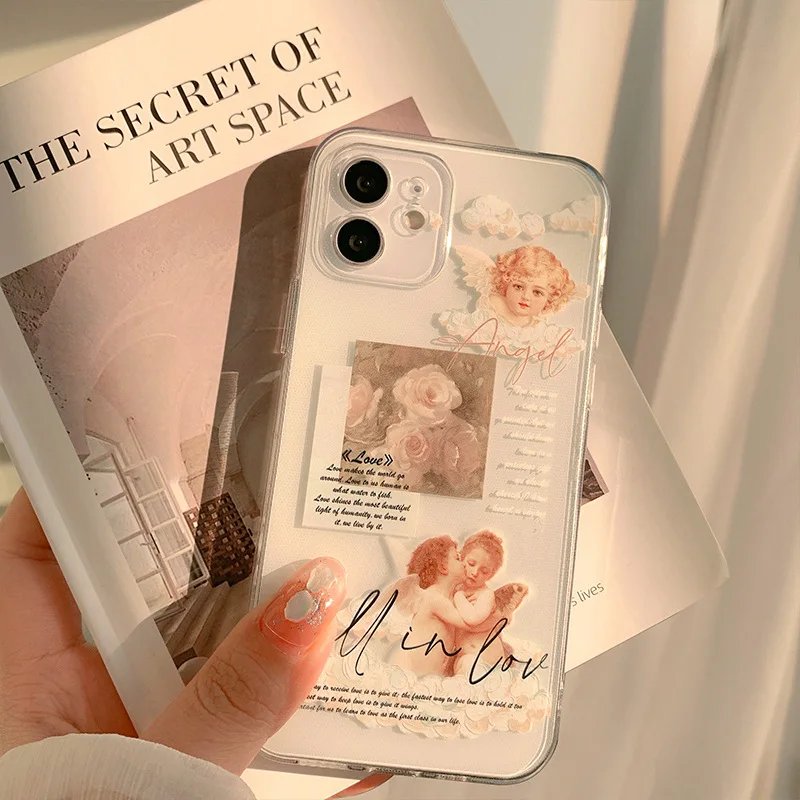 Retro rose angel cute transparent clear phone case for iphone xr xs max x 8 7 plus 11 12 mini 13 14 pro max soft silicone cover