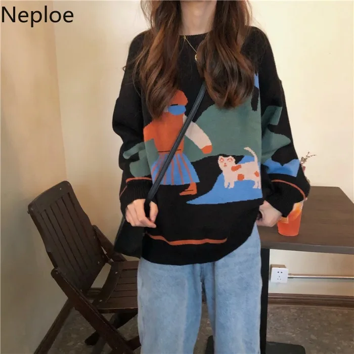 Neploe мультфильм печатных свитер Для женщин забавные повседневные осень-зима тянуть Женский, с длинным рукавом, вязаные пуловеры, Свободный Топ, одежда для мальчиков Джемперы 54974
