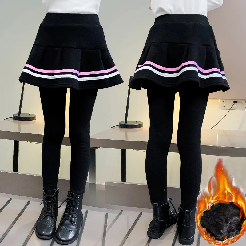 

Autumn Winter Gilrs Stripe Leggings Girls Skirt-pants Cake Skirt Children 3-14 Year Warm Plus Velvet Thick Pants Kids Leggings
