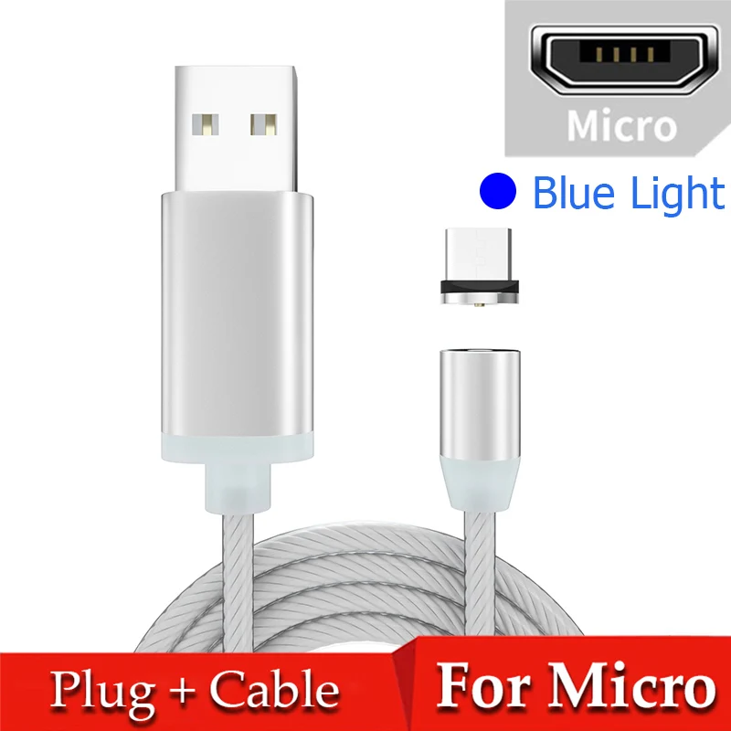 Blue for Micro Магнитный течёт светодиодный кабель Micro USB для samsung S10 S9 type-c зарядное устройство для huawei магнитное зарядное устройство usb type C кабели - Цвет: Blue for Micro
