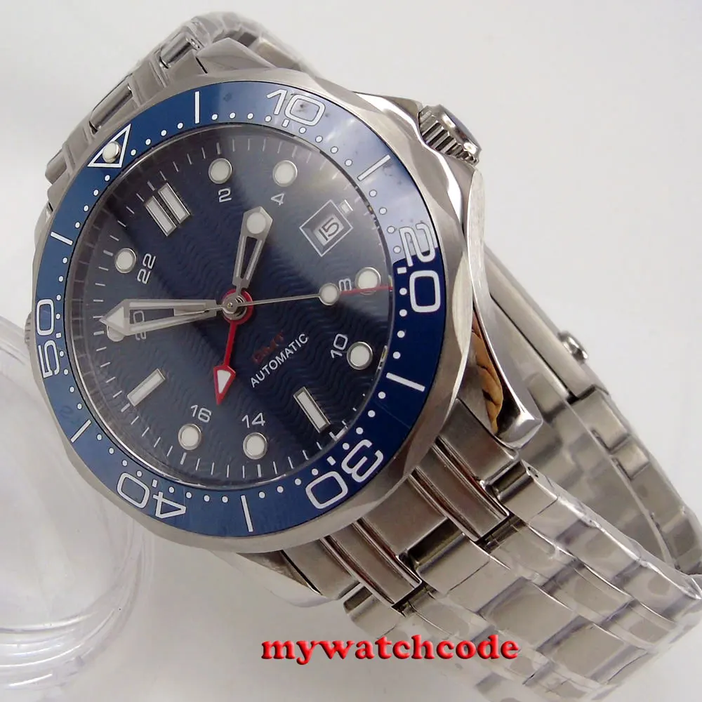 Циферблат BLIGER GMT 41 мм синий циферблат сапфировое стекло вращающаяся рамка окошко
