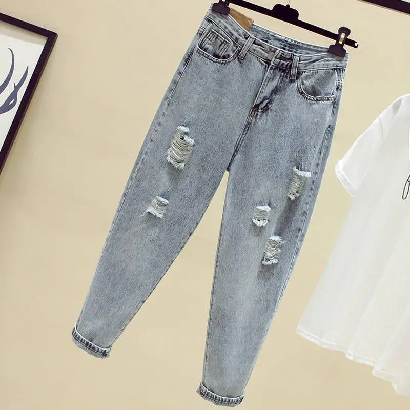 

2021 new Ripped Jeans for Women Cropped Slimming Korean Style Loose Harem Pants Streetwear Loose Female Fashion Denim Jeans