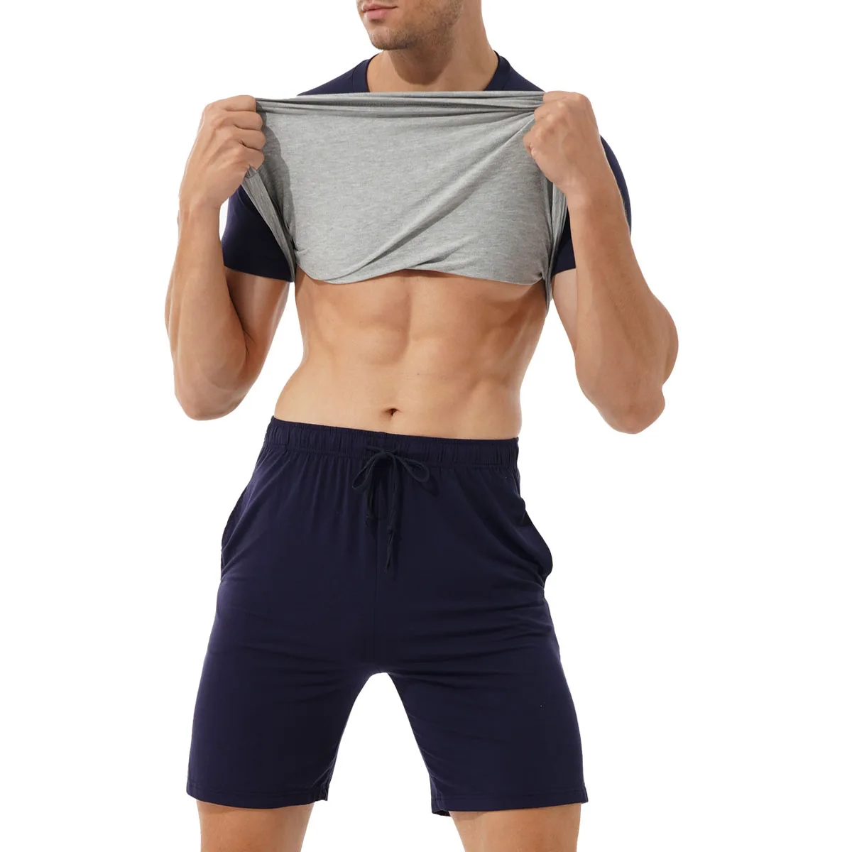 Men's Cotton Pajama Set 2 Pcs Summer Crewneck Short Sleeve Raglan Pjs Sleepwear