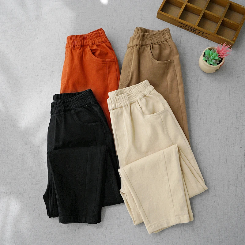 

Spring Autumn Women All-match Loose Comfortable Water Washed Sanding Cotton Trousers Elastic Waist Harem Pants