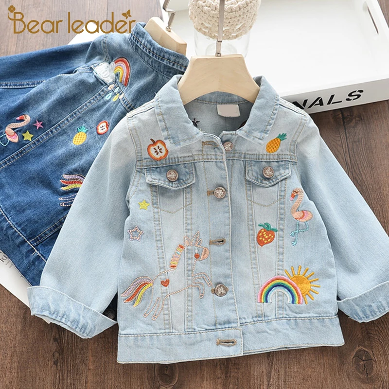 Bear Leader/джинсовые пальто для девочек; детская куртка с вышивкой и героями мультфильмов; сезон осень-весна; пальто для маленьких девочек; одежда для детей 3-8 лет