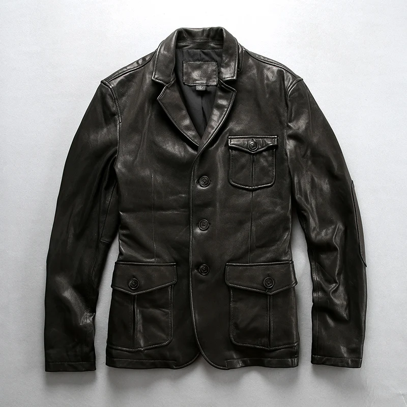 

fit 2021 slim genuine leather suit men singel breasted lapel smart casual real jacket men hunting blazer for male