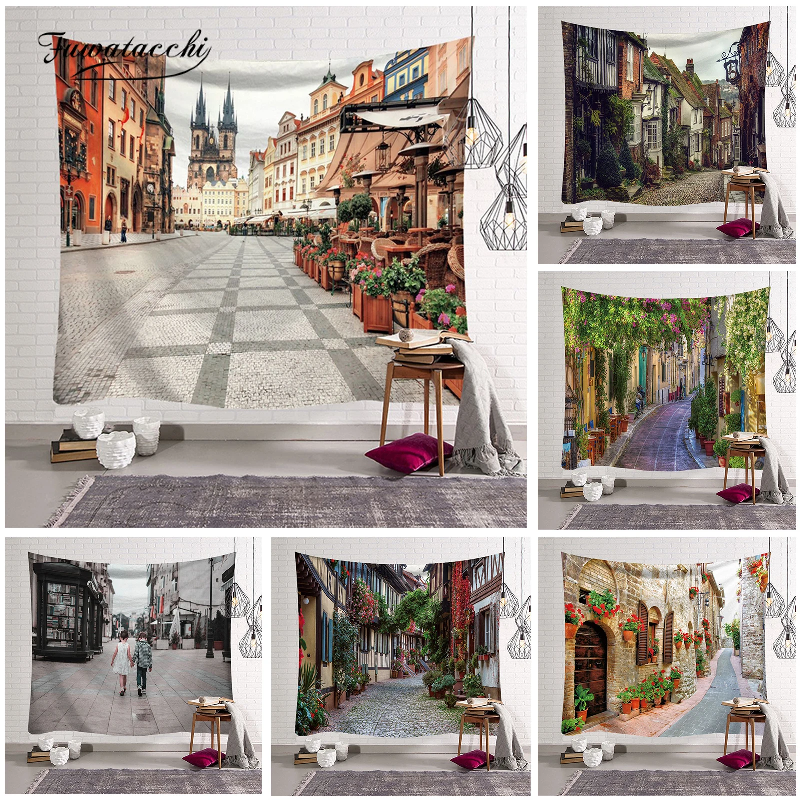 

Fuwatacchi Scenery Tapestry City Scenery Street Corner Large Wall Hanging Fabric Bedspread Beach Towel Home Decor Camping Mat