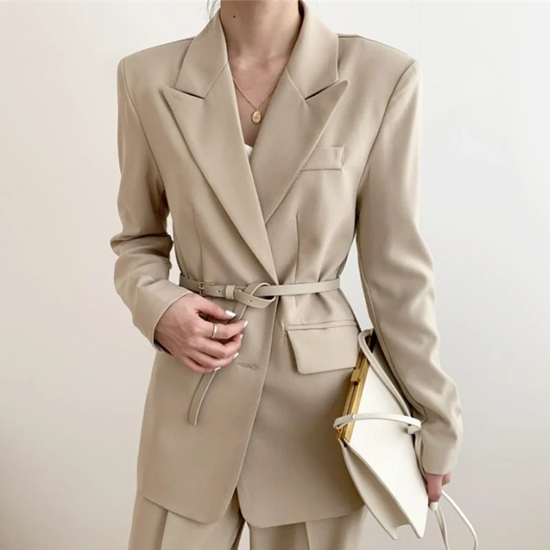 

Vintage Oversize With Belt Office Tops 2020 Autumn Winter Women's Blazers Buttons Pockets Jackets Notched