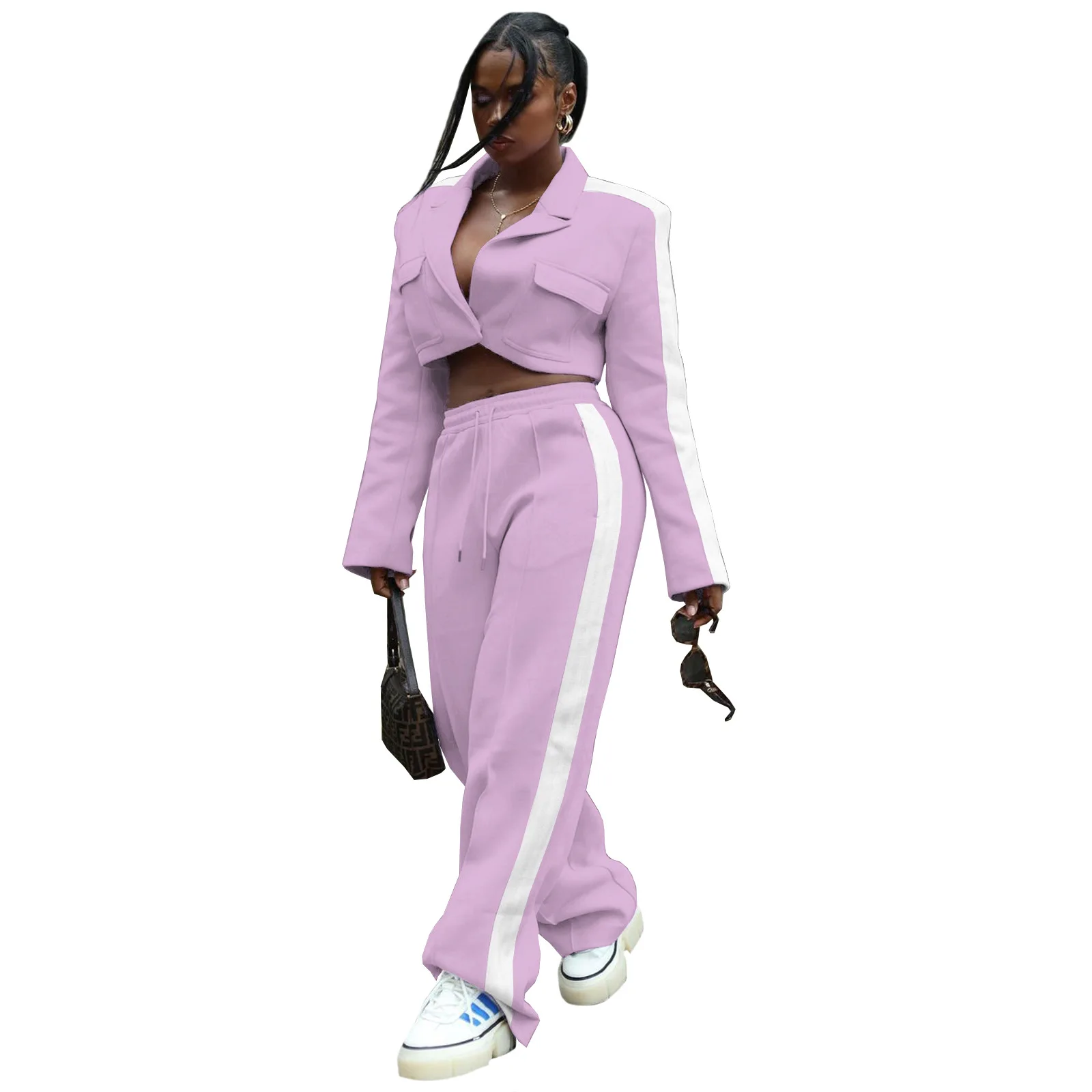 

Y2k 2 Piece Tracksuit Set Women Notched Neck Tops Outfits Autumn Side Striped Splice Streetwear Casual Sweat Wide Leg Pant Suits