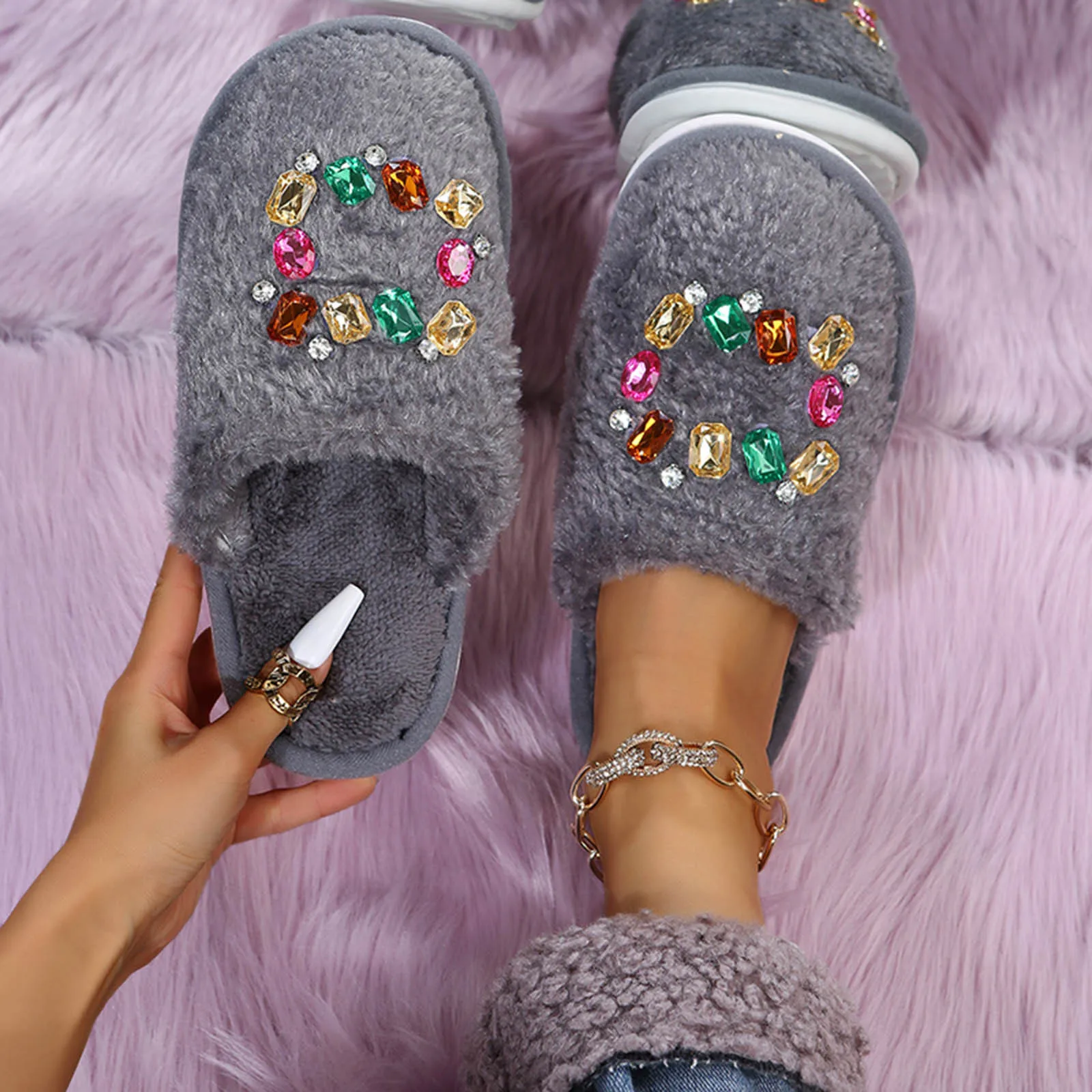 

Модные женские тапочки Стразы, плюшевые чистые теплые удобные плоские Повседневные тапочки, домашняя нескользящая Мягкая Обувь для пола в ...