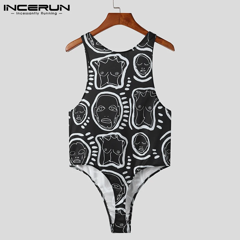 INCERUN New Men's Loungewear Hot Sale Printing Onesies Fashionable All-match Simple Jumpsuit Triangle Sleeveless Bodysuits S-5XL