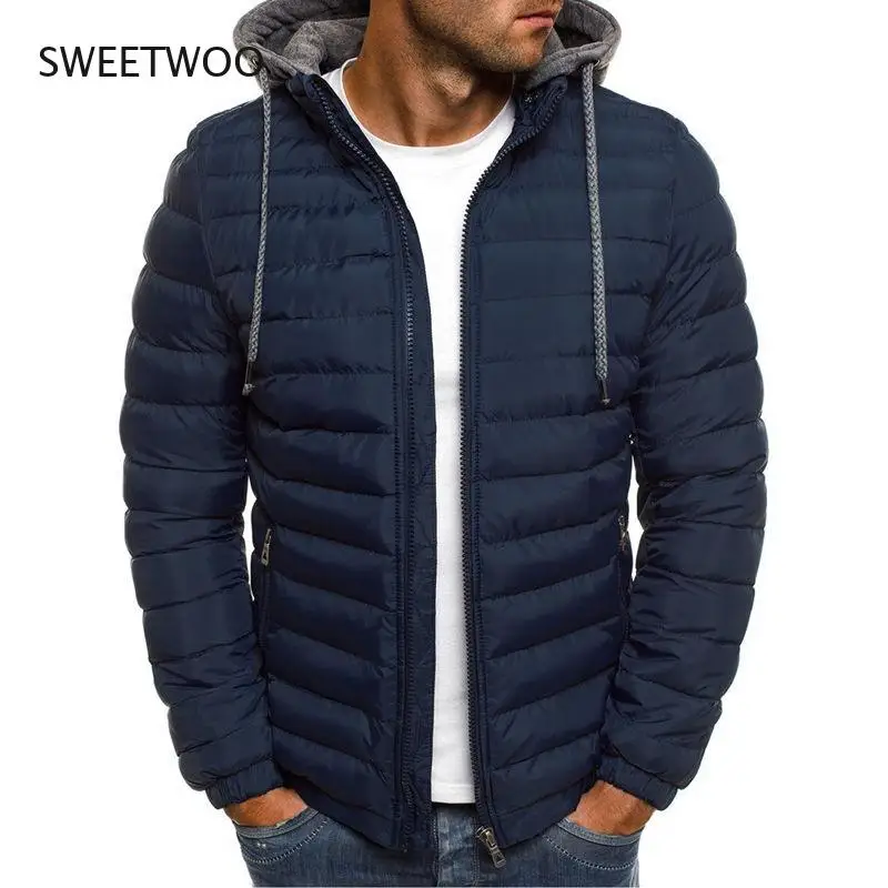 Winter Cotton Men's Down Jacket Hooded Long Sleeve Cardigan Zipper Pockets Solid Thick Fashion Casual Down Jacket