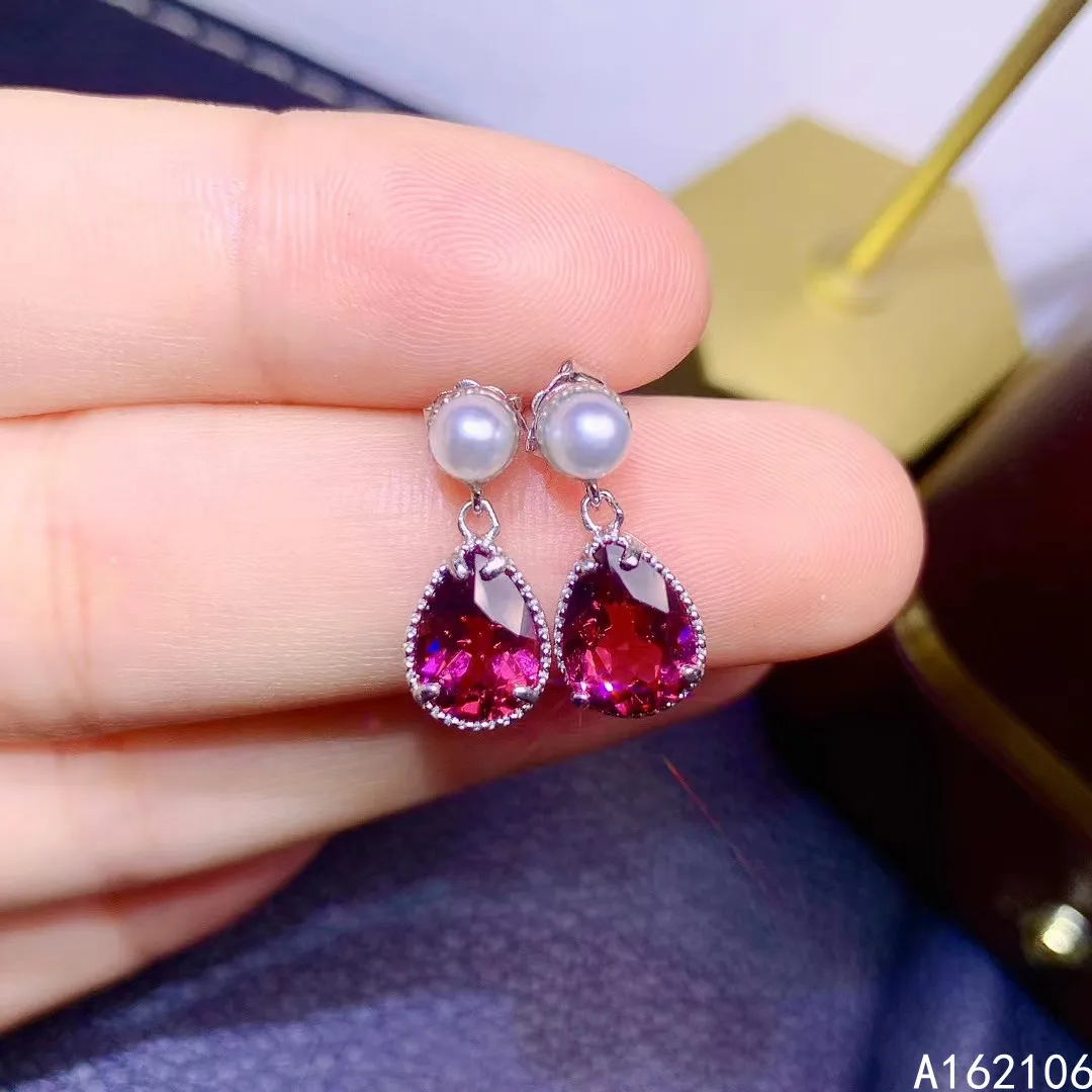 Fine Jewelry 925 Pure Silver Chinese Style Natural Pyrope Garnet Girl Luxury Classic Pearl Water Drop Gem Earrings Ear Stud Supp