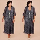 Женское платье для матери невесты, официальное кружевное платье из двух предметов с жакетом и V-образным вырезом три четверти, трапециевидного силуэта