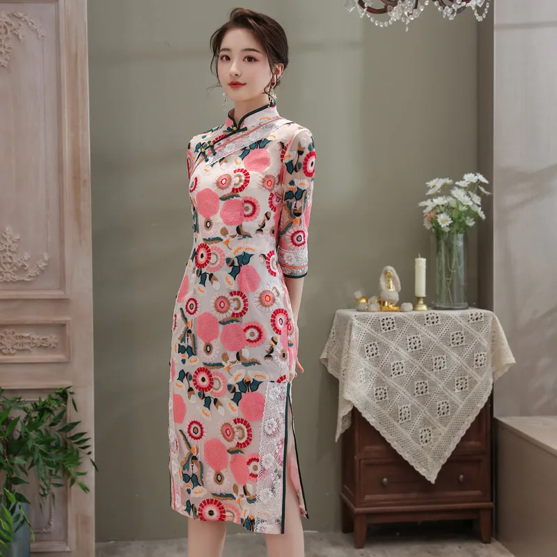 Китайский стиль Cheongsam Вышивка Цветочные Свадебные qipao вечерние платья |