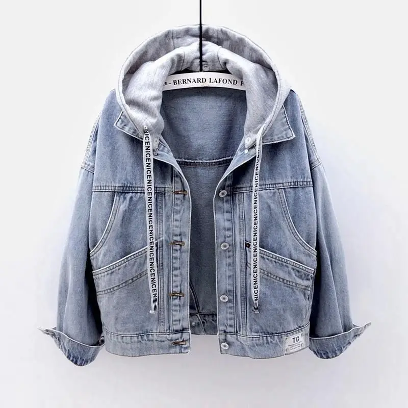 

Denim Jacket Woman Student Korean Style Loose Short Coat Female Longsleeve Hooded Jacket Multi-Pocket Button Top Solid Color A10