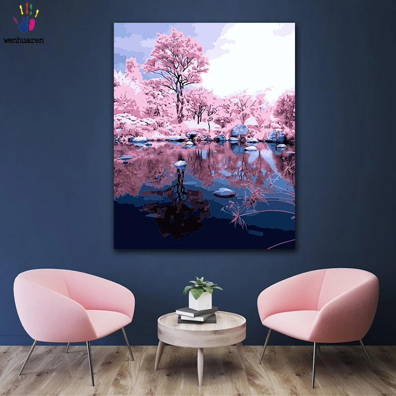 

DIY colorings pictures by numbers with colors Reflection of pink woods picture drawing painting by numbers framed Home