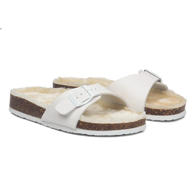 

2022 Winter New Style Women Plush Warm Cork Slipper Casual Leather Buckle Open Toe Outside Slides Classic Clogs Shoes Size 35-45
