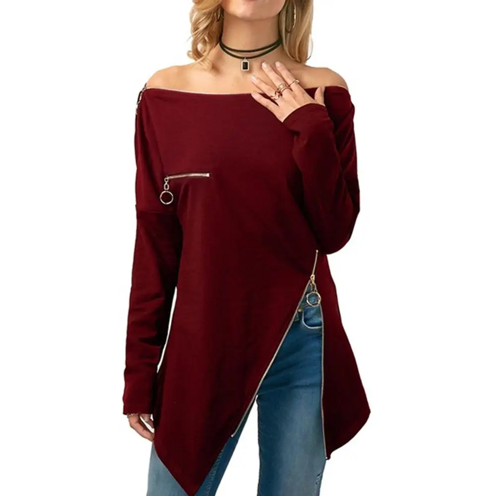 Блузка женская с одним плечом на молнии неровным подолом длинным рукавом рубашка
