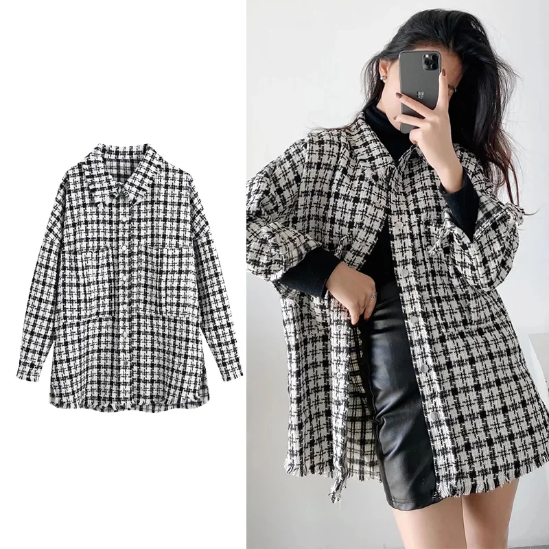 

TRAF Za 2021 Women Jacket Coat Autumn Woman Tweed Woollen Jacket Casual Long Sleeve Single-Breasted Ladies Tops