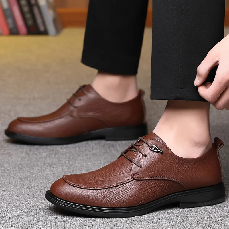 

Туфли мужские из натуральной кожи, Классическая дышащая обувь на шнуровке, легкие, Нескользящие, плоская подошва, модные повседневные