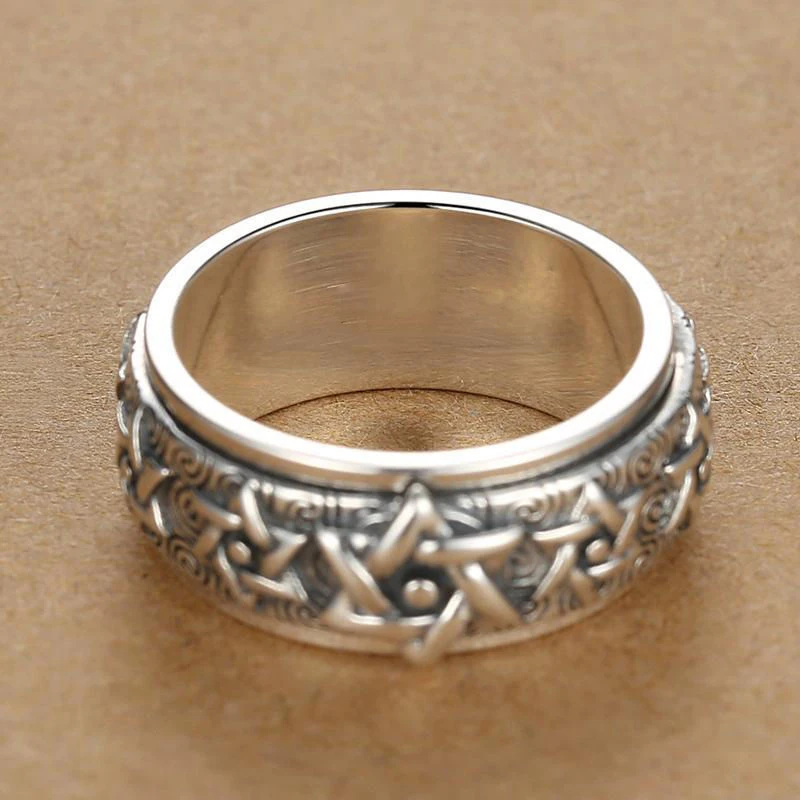 HX Silberfarbener drehbarer Ring für Herren, Sterlingsilber, Retro, dominanter sechszackiger Stern, breite Version, thailändischer Zeigefinger, geschlossen – Detail 3