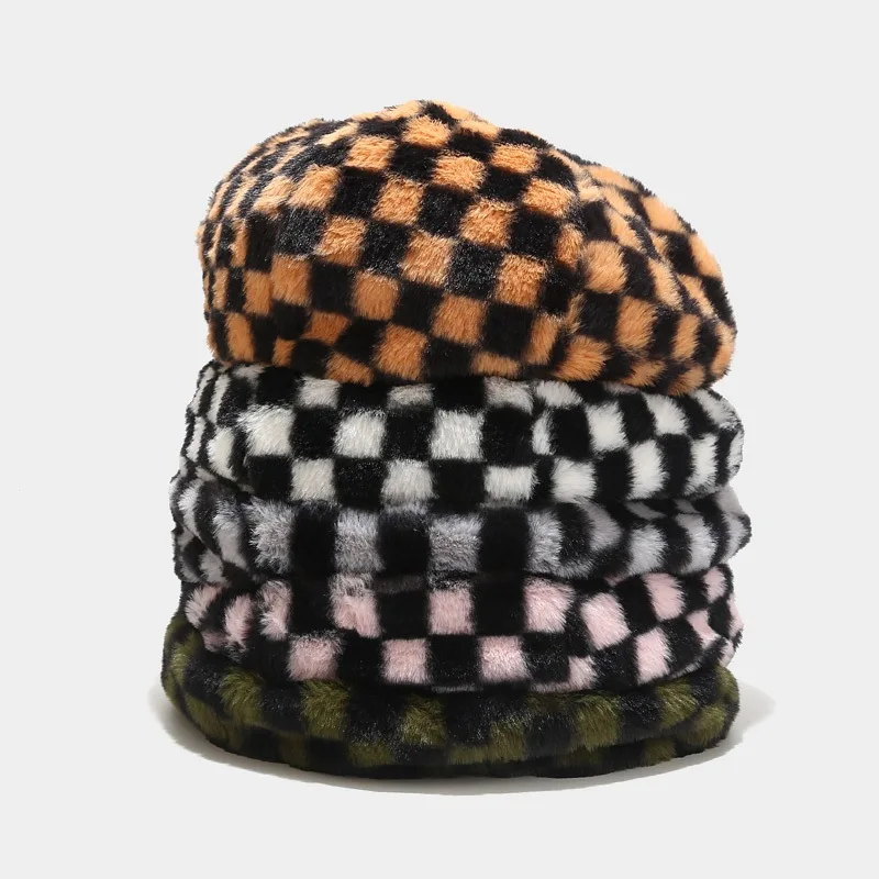 

Осенне-зимний Дамский креативный берет в шахматную клетку, плотная теплая плюшевая шапка художника из искусственного кроличьего меха