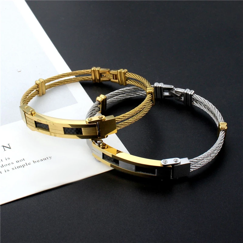

Fashion Stainless Steel Wire Bracelet For Men Braided Jewelry Punk Style Double Layers Carbon Fiber Bangles Women Accessories