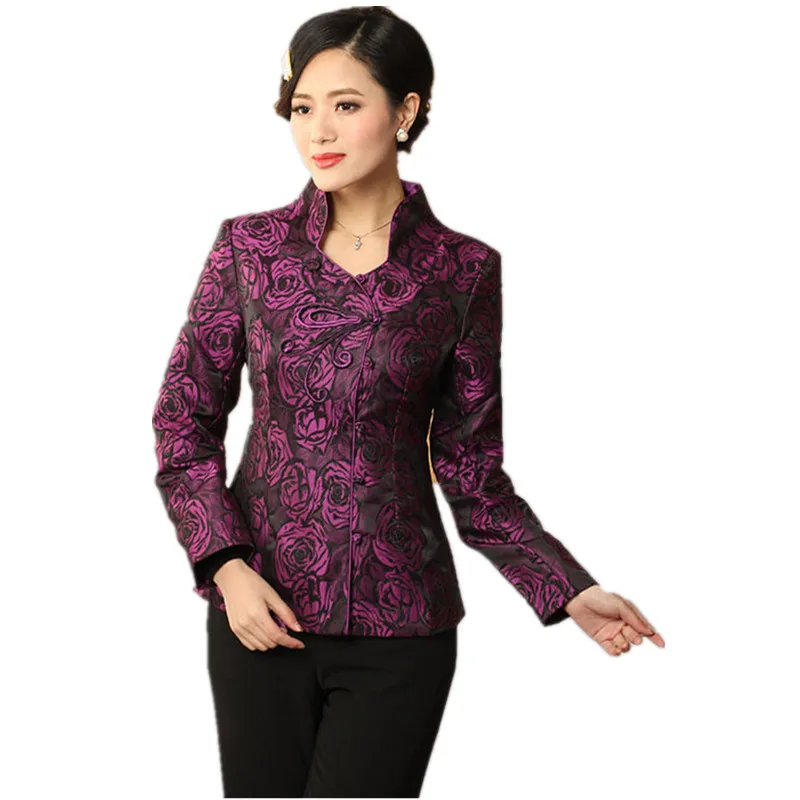 Стильная фиолетовая Женская атласная полиэстер костюм Тан китайские