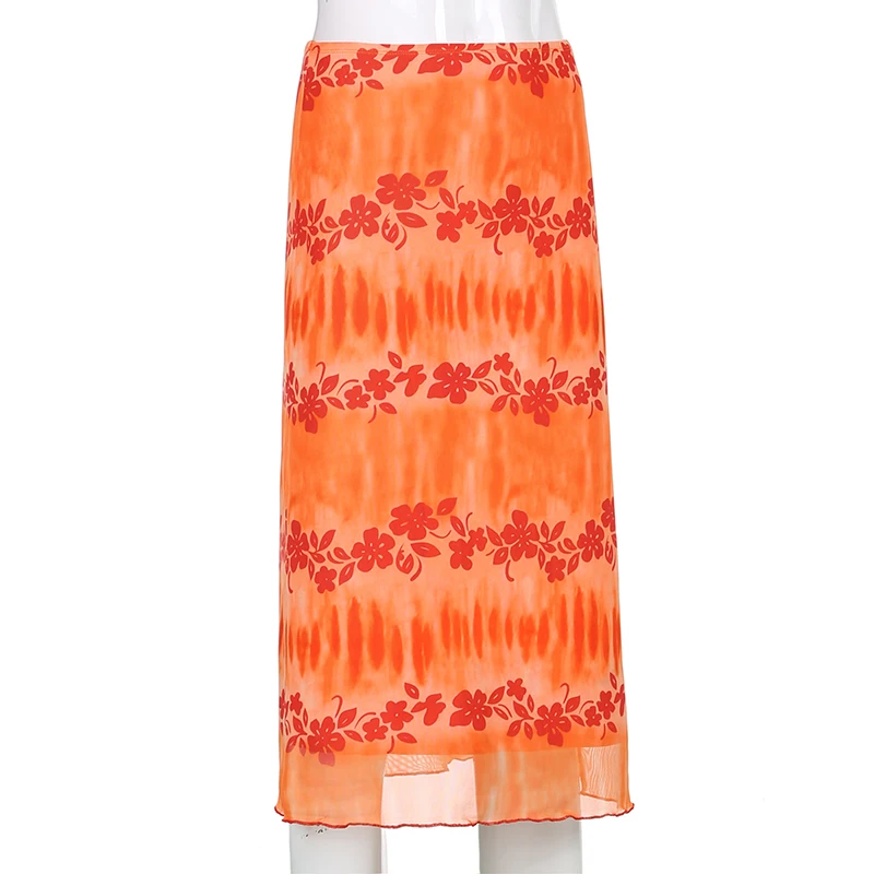 

Rockmore Tie Dye Print Long Skirts Women Y2K Aesthetic Kawaii E Girl High Waist Midi Skirt 2000s Female Orange Clothes Summer