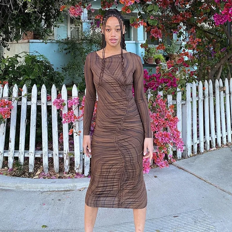 

Autumn Aesthetic Vintage Maxi Dress Women Sheath Body-Shaping Bandage Stretchy Skirt Long Sleeve Diagonal Collar Party Wear 2021