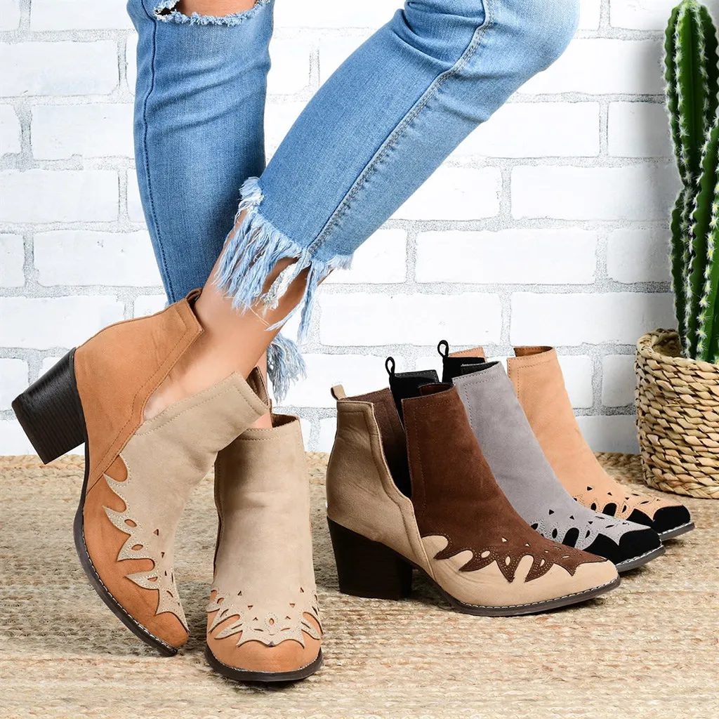 Retro Women Ankle Boots Platform 2019 Winter Fashion Mixed Color Round Toe Slip-on Square Heels Vintage Boots#g4 | Обувь