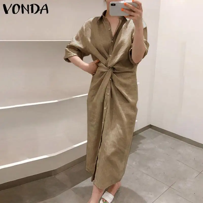 Женское платье с отложным воротником VONDA повседневное свободное однотонное