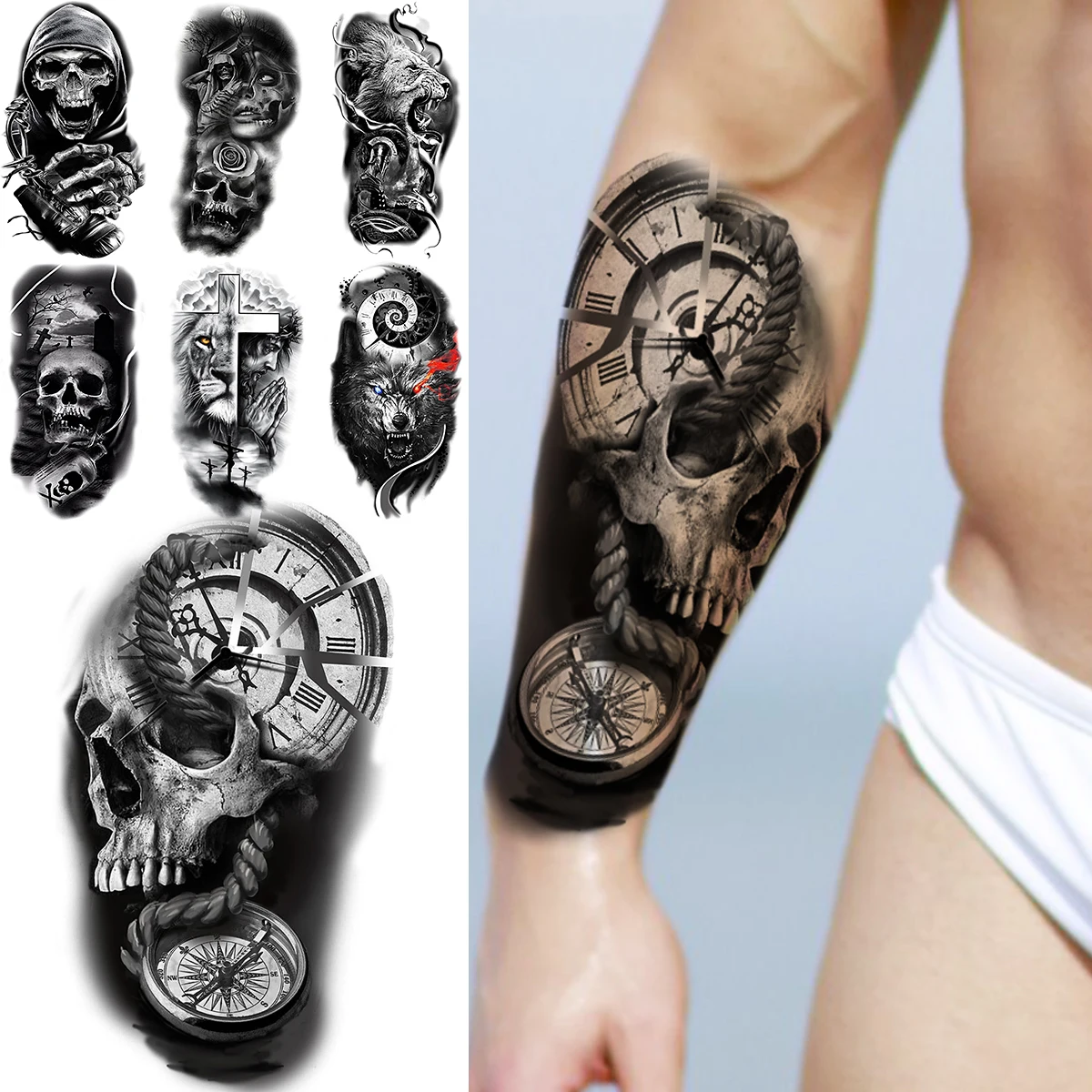 

Черные черепы, предплечье, компас, временные татуировки для мужчин, льв, волк, Крос, Самурай, искусственная тату-наклейка, модные татуировки ...
