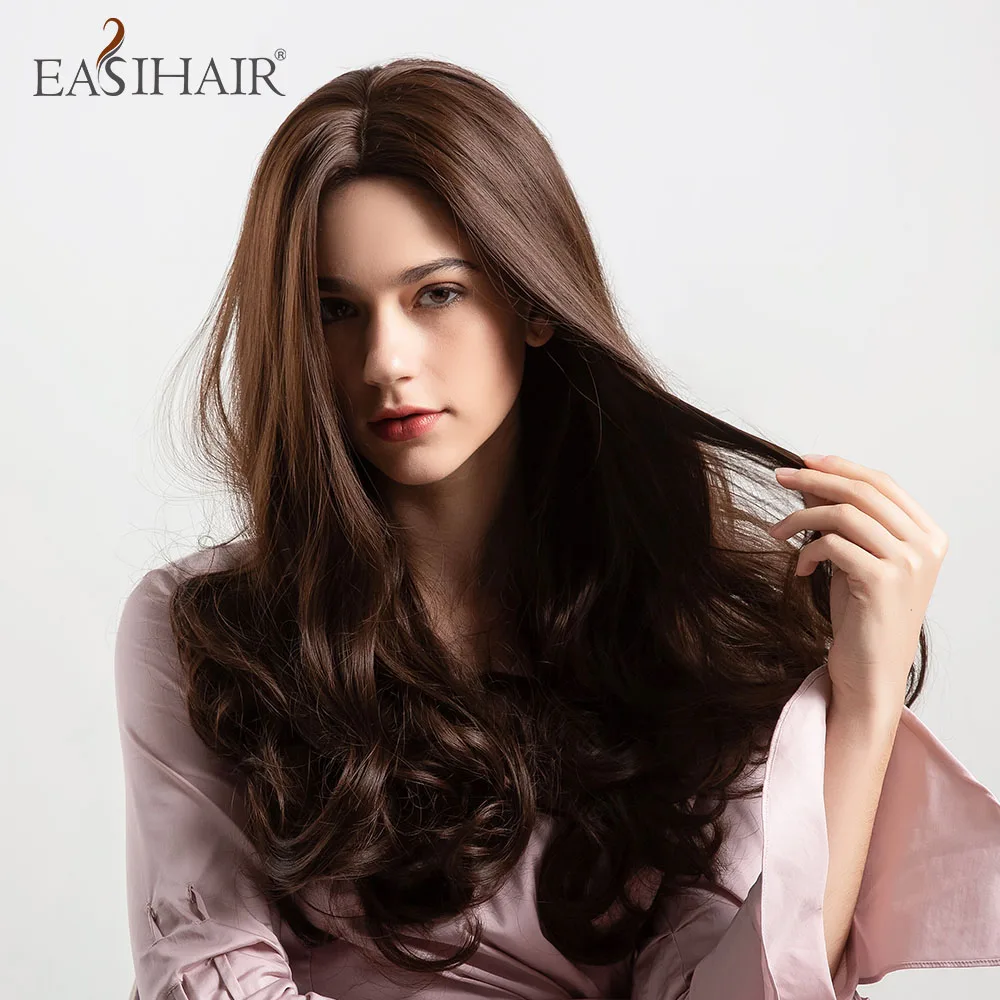 

EASIHAIR Long Brown Wavy Synthetic Hair Wigs for Women Middle Part Daily Natural Wavy Hair Heat Resistant Cosplay Wigs