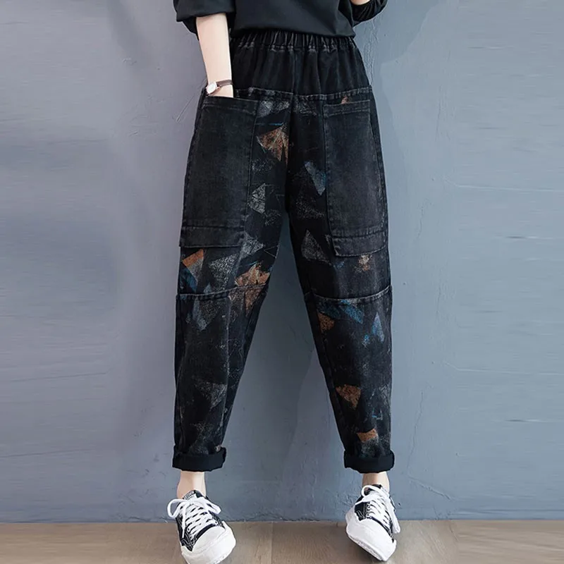 

New 2021 Spring Autumn Streetwear Vintage Pattern Loose Comfortable Denim Pants Women High Waist Jeans Female Casual Clothing