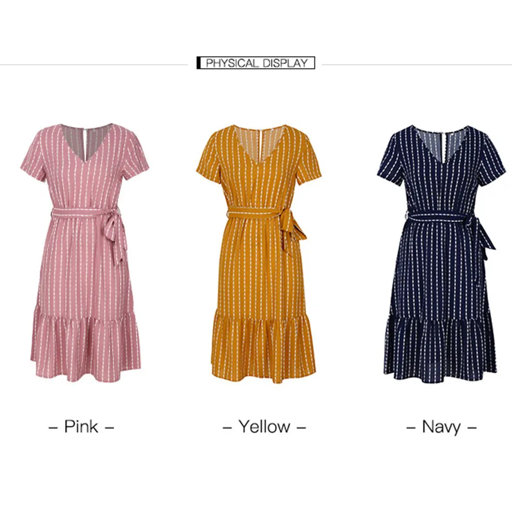 

Jocoo Jolee Elegant Short Sleeve V Neck Sashes A Line Dress Sexy Summer Beach Ruffles Dress Casual Striped Party Dress Vestidos