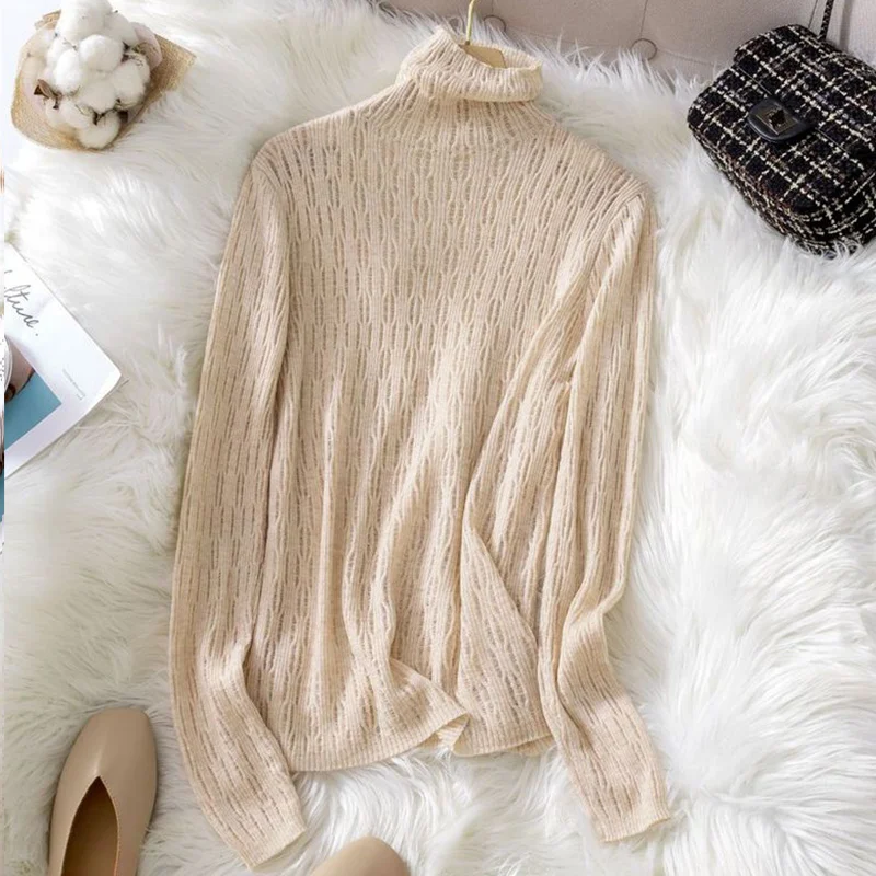 

Jumpers Fashion Fall Winter Women's Turtleneck Sweater Base Hollow Out Wool Pullovers Top Simple Sweet Knitted Woman Sweaters