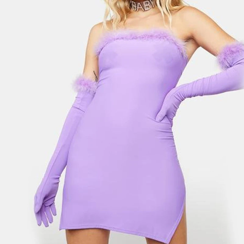 

BKLD Slash Neck Faux Fur Trim Sexy Bodycon Dresses For Women Party Club Wear Side Slit Long Sleeve Backless Solid Dress 2022 New