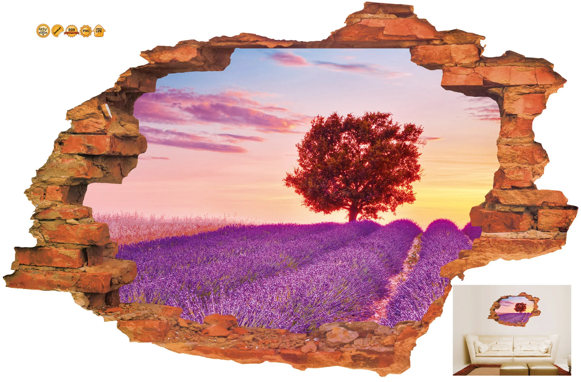 

Removable 3D wall sticker broken wall scenery romantic lavender flower sea home PVC waterproof decoration sticker