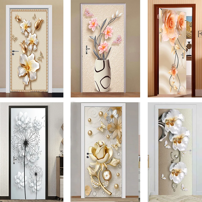 

Modern Simple 3D Flower Door Sticker For DIY Living Room Bedroom Wardrobe Dormitory PVC Self-Adhesive Waterproof Mural Wallpaper
