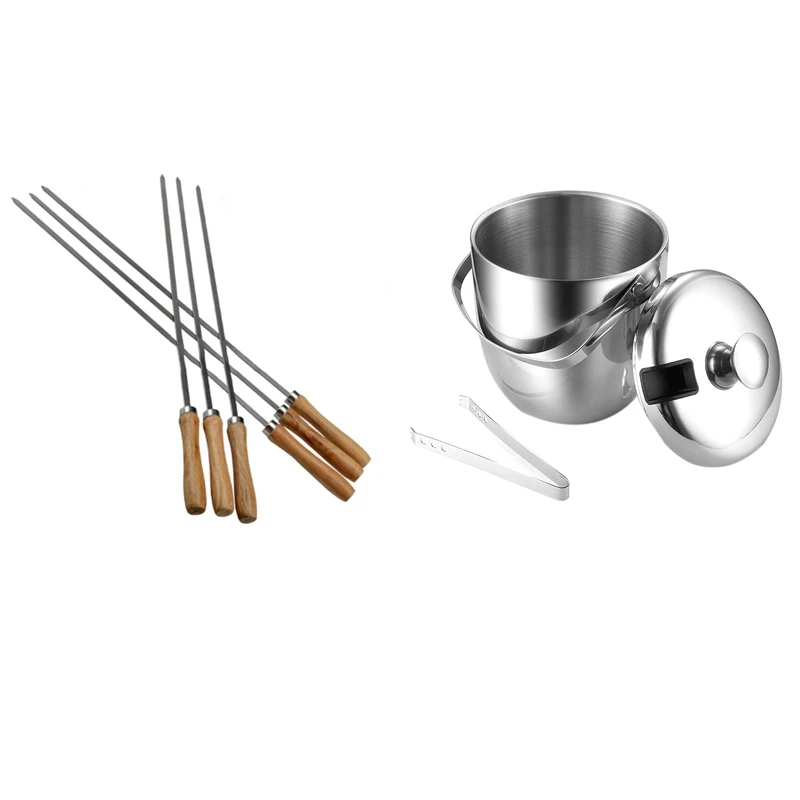 

6x кебаб барбекю шампура из нержавеющей стали плоский многоразовый металлический шампур ручки и 1 набор ведерко со льдом, изоляцией из нержа...