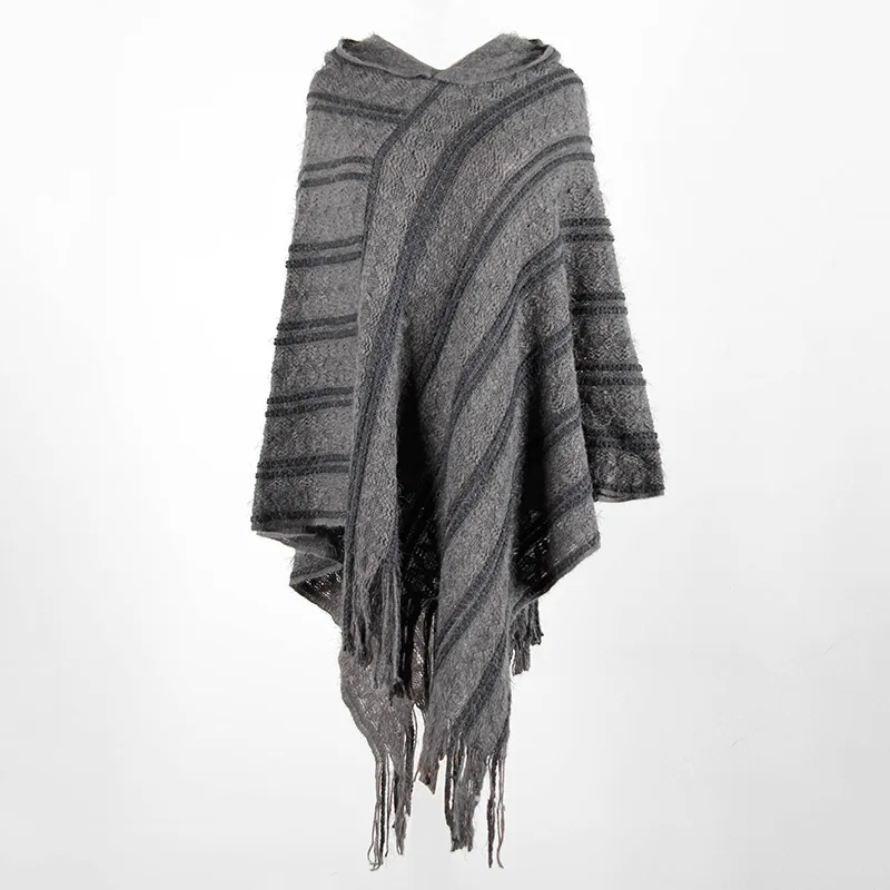 

Gothic Tassel Cloak Women Sweater Khaki High Street Knitwear Pull Femme Irregular Striped Hooded Autumn Winter Knitted Sweater