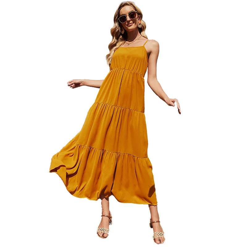 

Bohemian Slip Maxi Dress Tiered Large Hem Layered Prairie Outfit Urban Women Summer Sundress