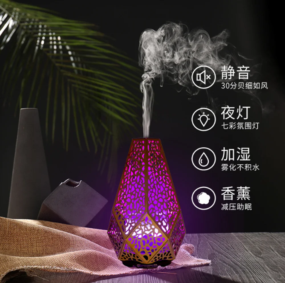 

Essential Oil Diffuser Iron Carving Ultrasonic Air Humidifier With 7 Color Light Portable Aroma Diffuser For Home