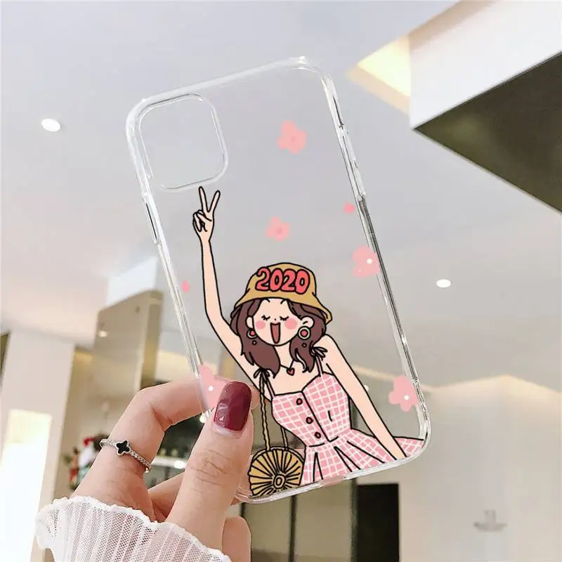 

Aesthetic cartoon girl Phone Case Transparent for iPhone 6 7 8 11 12 s mini pro X XS XR MAX Plus SE cover funda