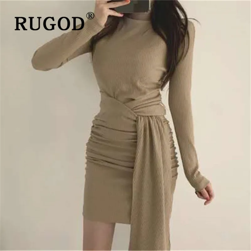 RUGOD Chic Sexy Mini Dress Solid Full Sleeves Top For Women Knitwear Casual Elegant Ladies Dresses Collect Waist Simplee Belt | Женская
