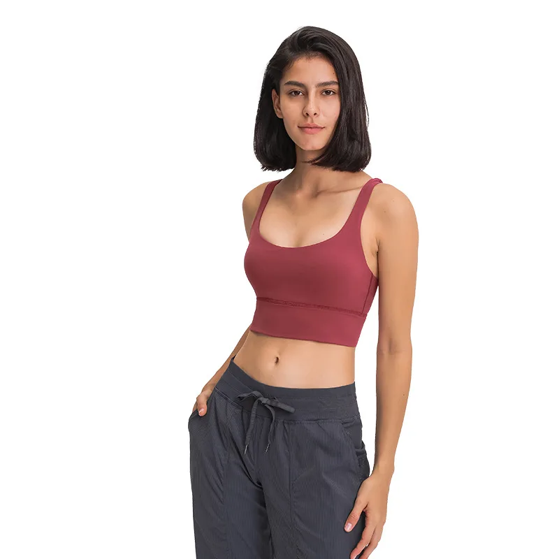

Double shoulder strap shockproof sports underwear women gather breathable widened hem yoga sports bra