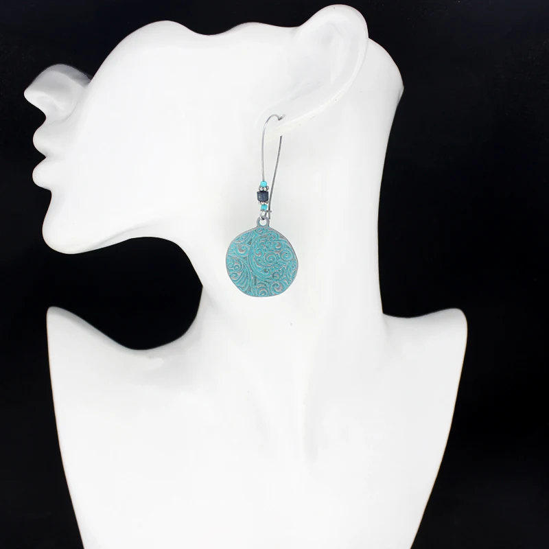 Сине зеленые ретро серьги китайские круглые резные капли Ювелирные изделия